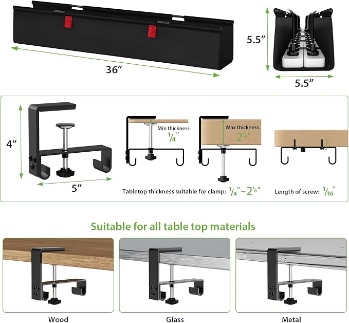KEEGH No Drill Under Desk Cable Management Tray - 28" Cord Management Under Desk - Clamp/Screw Mount - Support Upto 70lbs - Fabric Wire Management - Gaming/PC Cable Tray Cord Hiders for Office/Home