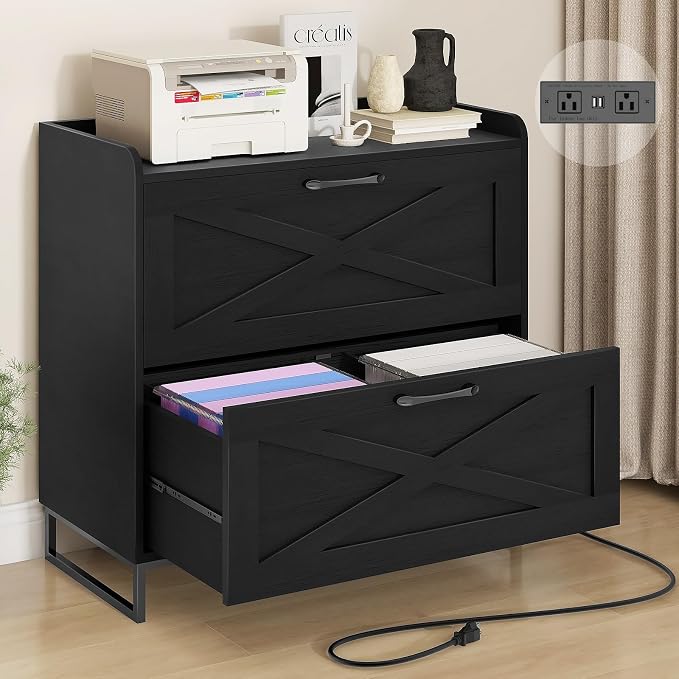 Halitaa Lateral File Cabinet with Charging Station, 2 Drawer File Cabinet for Letter/Legal/A4 Size Hanging Files, Large Wood File Storage Cabinets Printer Stand for Home Office, Black