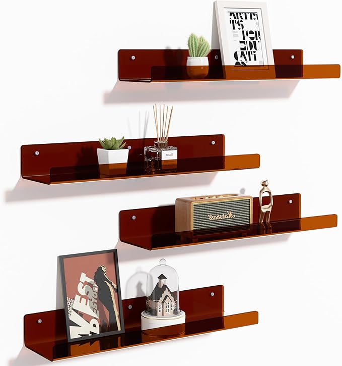 upsimples Acrylic Shelves for Wall Decor, 15" Display Shelf Perfume Organizer for Bathroom, Bedroom, Living Room, Floating Bookshelves for Kids, Clear Brown, 4 Pack