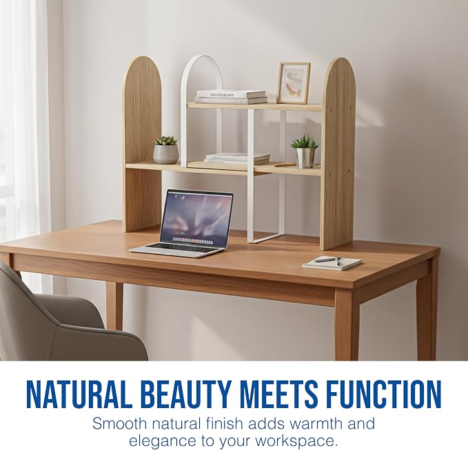 Maplefield Desk Hutch Expandable Shelf Organizer, Natural Finish, Engineered Wood Desktop Storage Rack for Office, Dorm, or Home – Adjustable Over Desk Bookshelf for Supplies, Decor & Accessories