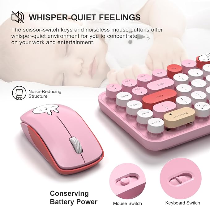 FOPETT Wireless Keyboard and Mouse Cute Mouse and Keyboard 2.4G Wireless Keyboards with Colorful 68 Keys Typewriter Retro Round Keycap for PC, Laptop,Tablet,Computer Windows - Pink Colorful