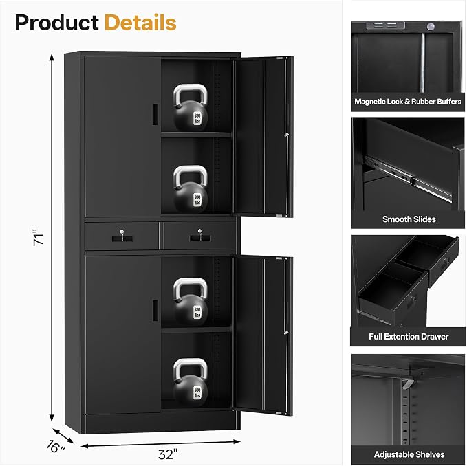 Metal Storage Cabinet, 71" H Garage Cabinet with 2 Locking Drawers and 2 Adjustable Shelves, Black Tool Cabinet, Tall Storage Cabinet for Home, Office, Gym, School