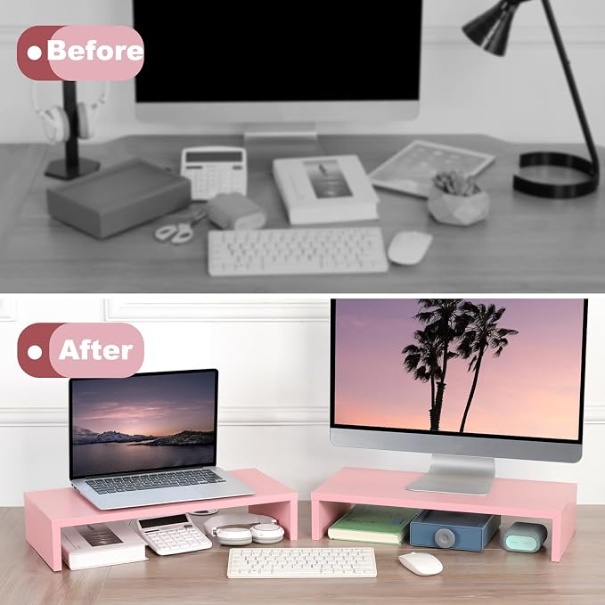 TEAMIX 2 Pack Pink Monitor Riser-20L inch, Cute Monitor Stand for Desk, Wood Sturdy TV/Screen/PC/Printer/Laptop Riser, Computer Shelf with Storage Desktop Organizer for Home Office