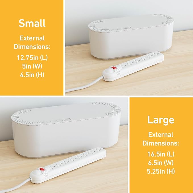 D-Line Cable Management Box, Power Strip Holder, Floor Outlet Hider, Desk Cord Organizer, Cover TV Wires, 12.75" (L) x 5" (W) x 4.5" (H), for use with Power Strips up to 10.5in Length - Small, White