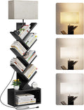 Evermagin 6 Tier Tree Bookshelf with Light, Narrow Bookcase Tower, Tall Floor Standing Book Shelf Organizer with Storage Cabinet for Living Room, Bedroom and Home Office, Black