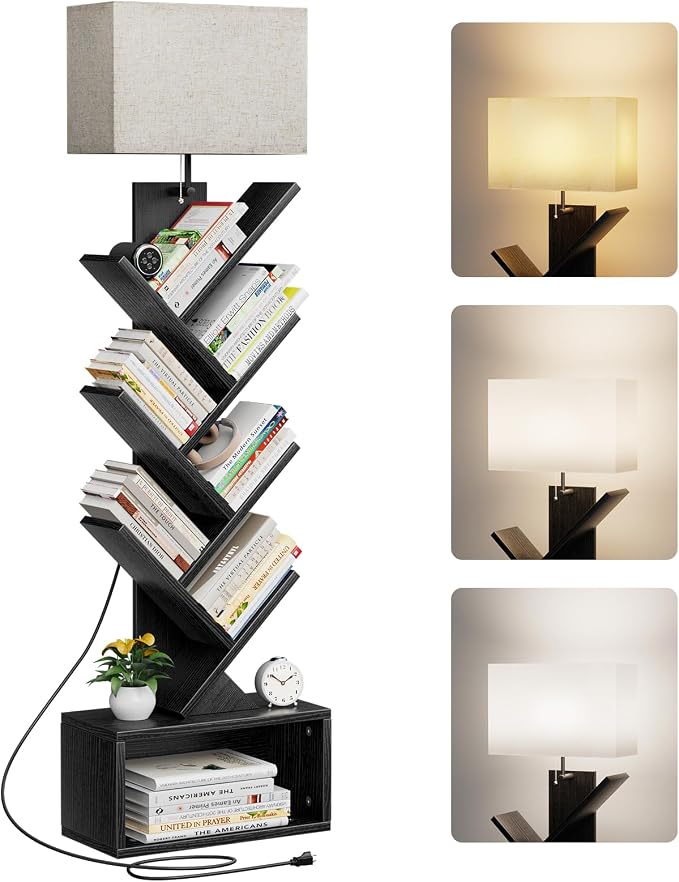 Evermagin 6 Tier Tree Bookshelf with Light, Narrow Bookcase Tower, Tall Floor Standing Book Shelf Organizer with Storage Cabinet for Living Room, Bedroom and Home Office, Black