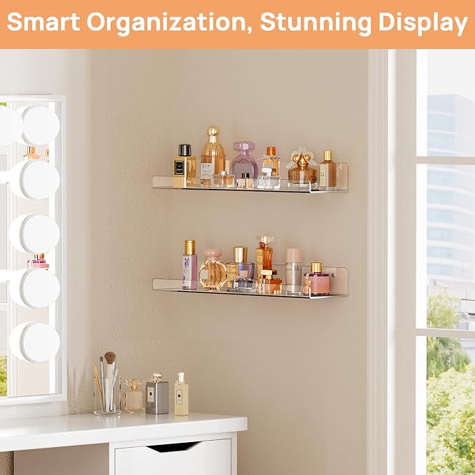 upsimples Acrylic Shelves for Bathroom Storage, 15" Floating Shelves Wall Organizer for Perfume, Make up, Skincare, Kids Bookshelf for Bedroom, Nursery, Living Room Decor, Clear, 2 Pack
