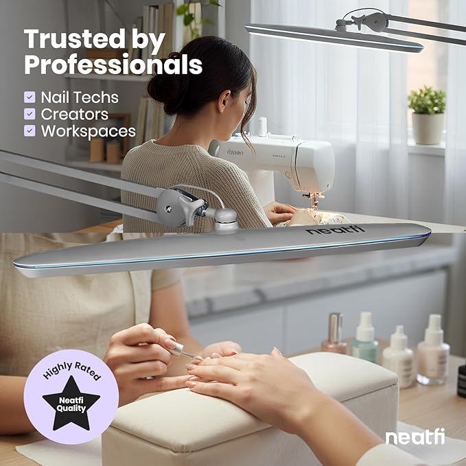Neatfi XL 24W LED Desk Lamp – 2,200 Lumens | 23” Wide Shade | Dimmable Eye-Caring Task Light | Adjustable Arm | Office, Study, Crafting & Nail Techs (Silver, Non-CCT with Base)