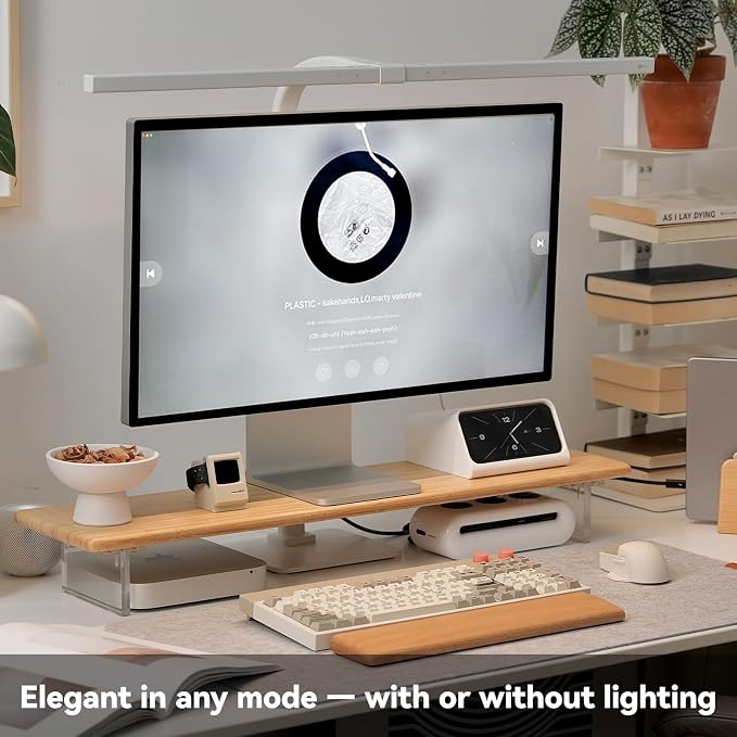 Bamboo Monitor Stand Riser with RGB Lights,31.5 Inches Desktop Shelf with Acrylic Legs Supports for Desk, PC Computer Monitor, Laptops, Printer, Speakers (Natural)