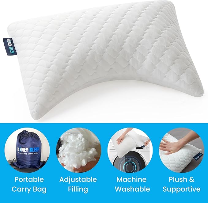 Sidney Sleep Mini Travel Size Neck Pillow - Knee, Back Lumbar and Support - Small Curved Pillow - 14 x 19 Inches - Adjustable Loft - Washable - Drawstring Backpack Included (White)