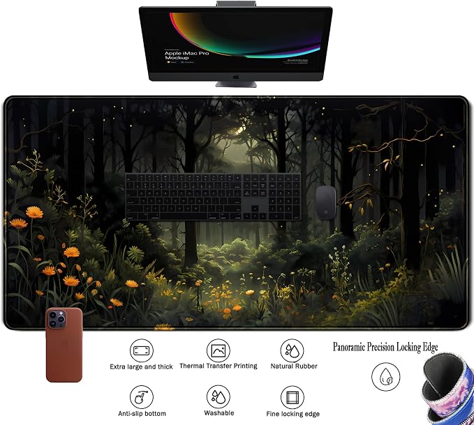 Dark Forest Desk Mat Mouse pad, Green Nature Deskmat XXL Large Extended Aesthetic Plant Mousepad Gaming Desk Pad, Big Laptop Computer Keyboard and Mouse Mat for Women Office Desk Decor 31.5x15.7 in