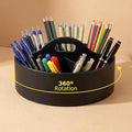 360° Rotating Leather Desk Storage Organizer with 6 Slots and Handle Extra-large Pen Holder Spinning Pencil Storage Lazy Susan Organizer Office Desk Supplies Marker, Art Supply(Black)