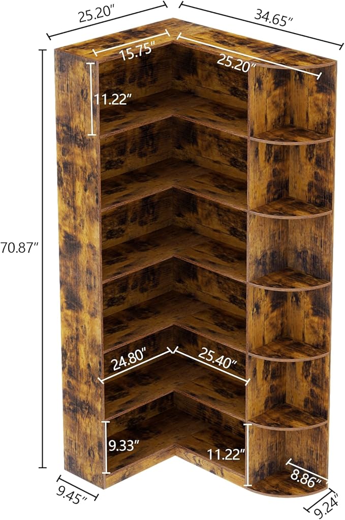 Loomie Bookshelves, 6 Tiers Shelf Large Tall Corner Etagere Bookcase with Full Baffle, L-Shaped Modern Storage Display Industrial Book Shelf for Bedroom, Home Office, Living Room & Kitchen, Rustic