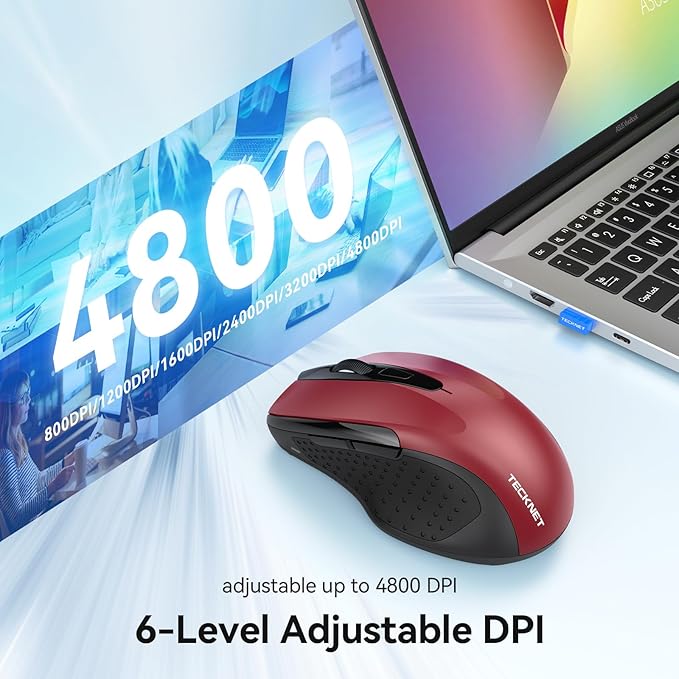 TECKNET Rechargeable Jiggler Wireless Mouse (BT5.0/3.0 & 2.4G) 4800 DPI Silent USB A & Bluetooth Mouse 6 Buttons, Wide Compatibility - Red