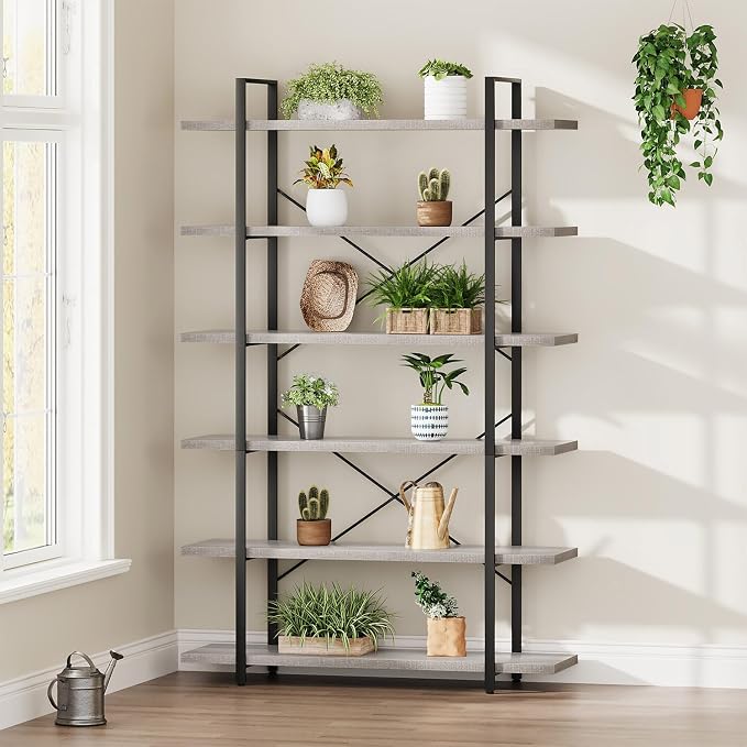 HSH 6 Tier Tall Bookshelf, Metal Wood Vertical Display Book Shelf, Industrial 6 Shelf Bookcases and Book Shelves Storage Rack, Large Open Book Case for Bedroom Living Room Office, Light Grey Oak