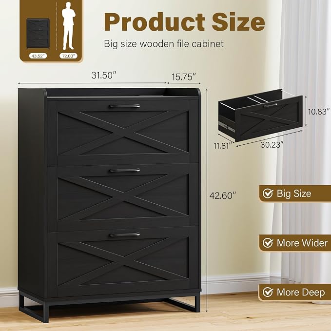 Halitaa File Cabinet 3 Drawers Lateral File Cabinet with Charging Station for Letter/Legal/A4 Size Hanging Files, Large Wood File Storage Cabinets Printer Stand for Home Office, Black