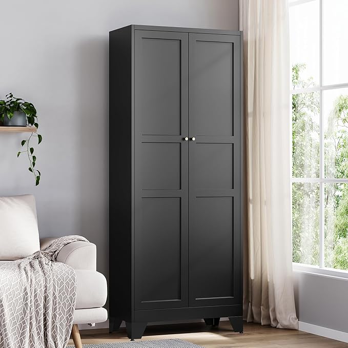 Yizosh Metal Pantry Cabinet, 75" Kitchen Pantry with 2 Door and 4 Adjustable Shelves,Black Metal Pantry Storage Cabinet,Cupboard for Kitchen,Dining Room,Living Room and Bathroom
