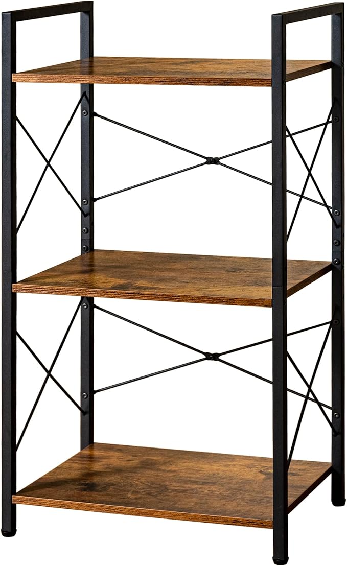 HCHQHS Small Bookshelf, Adjustable 3-Tier Industrial Bookcase, Rustic Open Book Shelf, Wood and Metal Horizontal Bookshelves