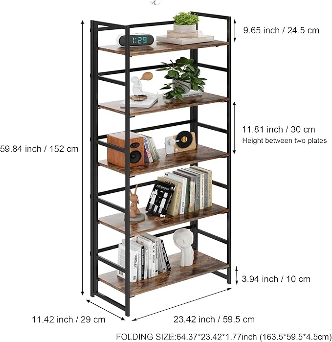 BHG Vintage Multifunctional Folding Bookshelf, No-Assembly Plant Stand Storage Rack Shelves for Home Office (Fire, 5-Tier)