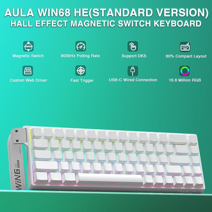AULA WIN68 HE Mechanical Gaming Keyboard 60%, Hall Effect Magnetic Switch, Fast Trigger Mode Adjustable Actuation, 8000Hz Polling Rate, RGB Backlit, Wired White Keyboard for Laptop/PC Gamer