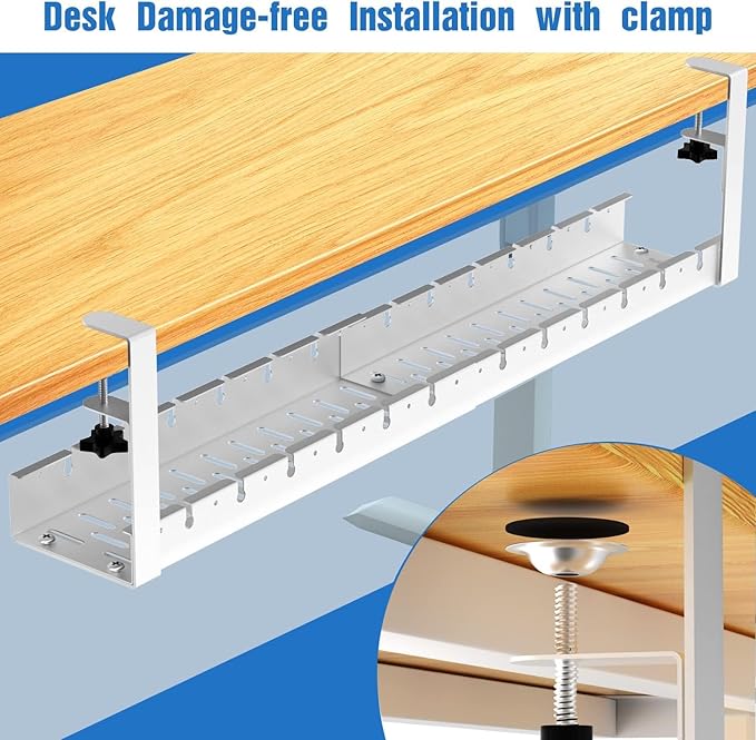 No Drilling Extendable Under Desk Cable Management, Metal Cable Management Tray Under Desk with Clamp, Retractable Power Strip Cord Holder for Wire Management 31Inch (1 Pack White)