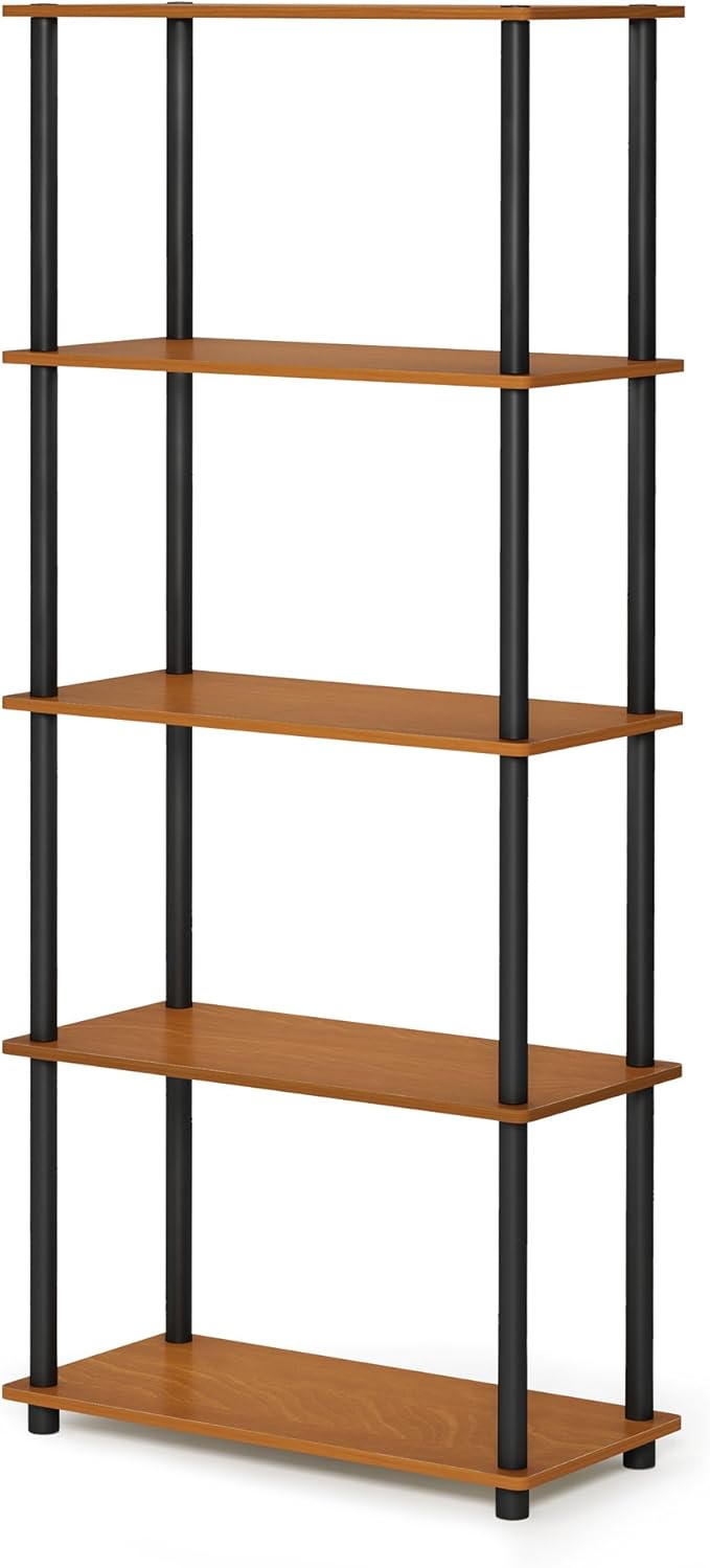 Furinno TURN-N-TUBE Storage Shelves, 5-Tier Book Shelf, Corner Shelf, Toolless Open Shelves, for Organization and Storage, Living Room, Garage, Home Office, Light Cherry