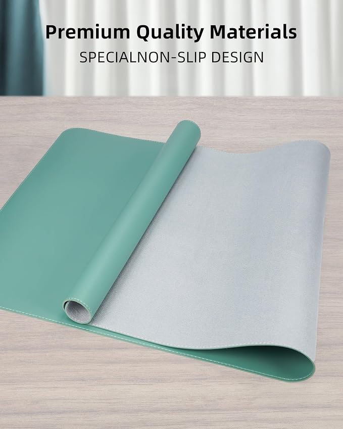 Leather Desk Pad Protector, Mouse Pad, Office Mat, Non-Slip PU Leather Blotter, Laptop Desk Pad, Waterproof Writing Pad for Office and Home (Light Green, 31.5" x 15.7")