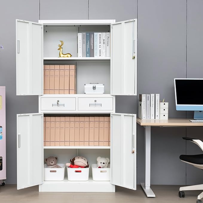 CMY Metal Storage Cabinet, 71" H x 32" W x 16" D Locking Cabinet with Adjustable Shelves and 2 Drawers, Steel Storage Cabinet for Office, Garage, Home, School, Utility Room-White
