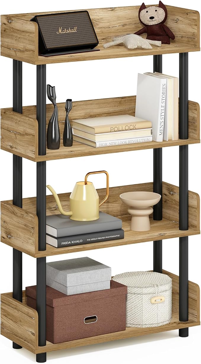 Furinno TURN-N-TUBE 4-Tier Display Shelf, Storage Shelves, Book Shelf, Open Shelves with Rounded Corner Top Edges, for Organization and Storage, Living Room, Home Office, Flagstaff Oak