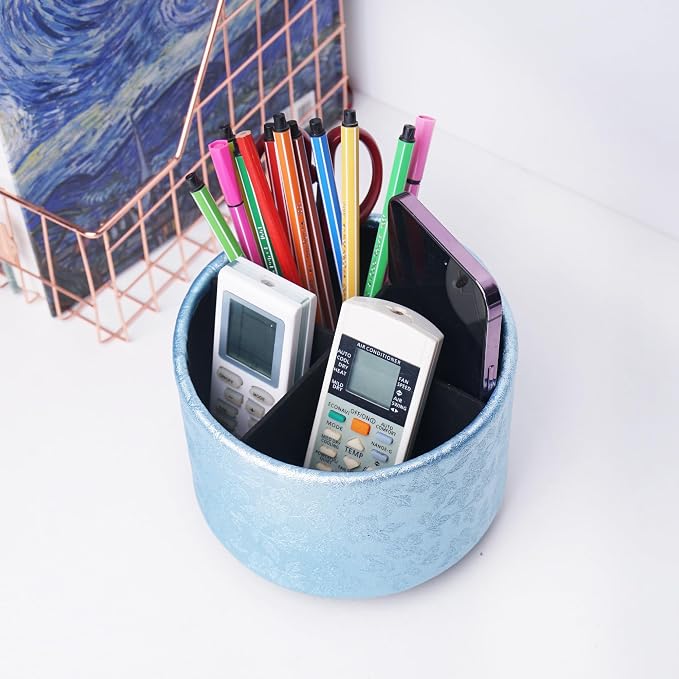 lizimandu Round Leather Art Supply Organizer,Remote Control Holder,360 Degree Spinning,Multi-Functional Pencil Holder,4 Compartments Desktop Stationary Organizer(1-Liuli Blue)