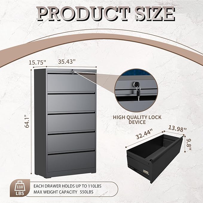 5 Drawer Lateral File Cabinet with Lock, Metal File Cabinet, Lateral File Cabinets for Home Office, Heavy Duty File Storage Cabinet for Legal/Letter/A4 Document, Assembly Required, Black
