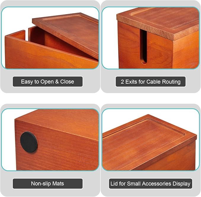Large Cable Management Box, Wooden Cord Organizer Box for Desk, Floor, Office to Hide Extension Cords Power Stripes Surge Protectors Chargers Wires, Red Brown
