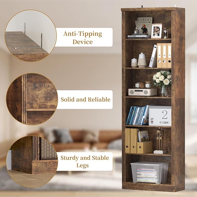 Thacuok 75" Tall Bookshelf & Bookcase, 6-Tier Adjustable Storage Shelves, Book Shelf with Anti-Tipping Device, Floor Standing Modern Display Rack for Living Room, Bedroom, Office, Brown