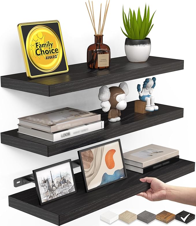 BAYKA Floating Shelves for Wall, Wall Mounted Rustic Wood Shelves for Bathroom, Bedroom, Living Room, Kitchen, Hanging Shelf for Books/Storage/Room Decor with 22lbs Capacity (Black, Set of 3, 15.7in)