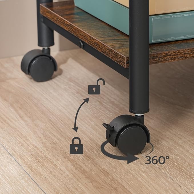 HOOBRO Printer Stand, 2-Tier Industrial Under Desk Printer Cart with Shelf, Mobile Heavy Duty Storage Rack on Wheels for Home, Office, Rustic Brown and Black BF02PS01G1