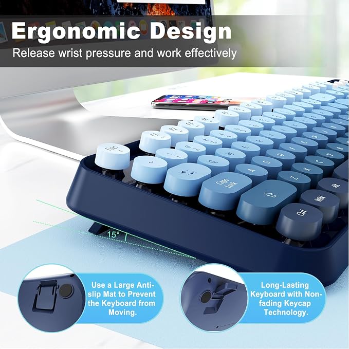 FOPETT Wireless Keyboard and Mouse Combo - 2.4G Full-Sized Cute Colorful Mouse and Keyboard with 104 Round Keys Retro Typewriter Keyboard for Laptop/Windows/PC - Blue Gradient