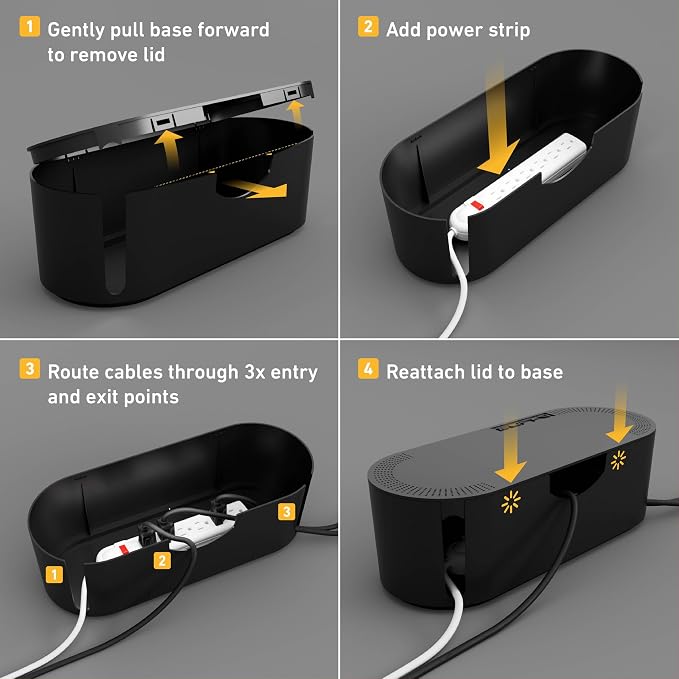 D-Line Cable Management Box, Power Strip Holder, Floor Outlet Hiders, Desk Cord Organizer, Cover TV Wires, Wire Storage, Extension Hider, Office Concealer for Cords, Baby Proof Cables - Large, Black