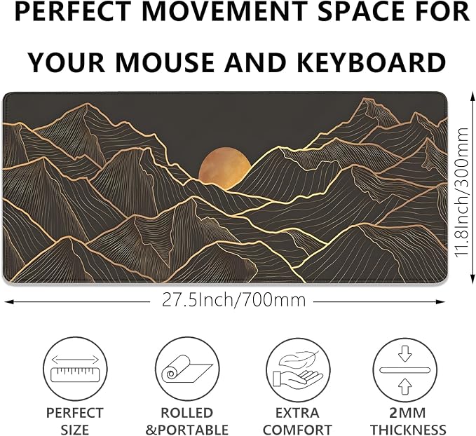 Gold Mountains Mouse Pad Desk Pad,Extended Gaming Mouse Mat with Stitched Edges Non-Slip Waterproof Rubber Base Mous Mat for Office,Computer,Keyboard,Laptop and Home Desk Pad(27.5X11.8 in)