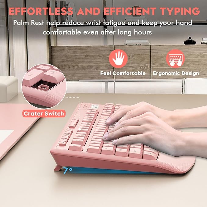 Wireless Keyboard and Mouse Combo, E-YOOSO 2.4GHz Full Sized Ergonomic Wireless Keyboard with Wrist Rest, 3 DPI Adjustable and 6 Buttons Cordless USB Mouse for Computer, Laptop, PC, Windows (Pink)