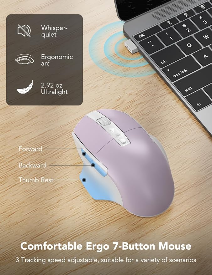 SABLUTE Wireless Keyboard and Mouse Combo, Ergonomic Wave Key, Cushioned Plam Rest, Comfortable Silent Natural Typing, 2.4G Lag-Free, Full Size Keyboards Cordless Set for Multi-OS, Windows/Mac, Purple