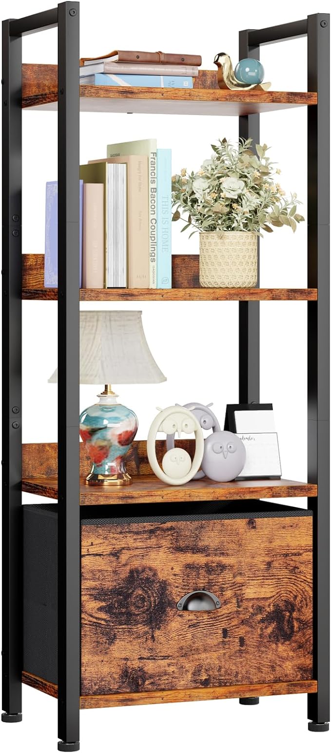 Furologee 4 Tier Bookshelf with Drawer, Tall Bookcase with Shelves, Narrow Bookshelves Storage Organizer, Wood and Metal Display Standing Shelf Unit for Bedroom, Living Room, Rustic Brown