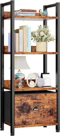 Furologee 4 Tier Bookshelf with Drawer, Tall Bookcase with Shelves, Narrow Bookshelves Storage Organizer, Wood and Metal Display Standing Shelf Unit for Bedroom, Living Room, Rustic Brown