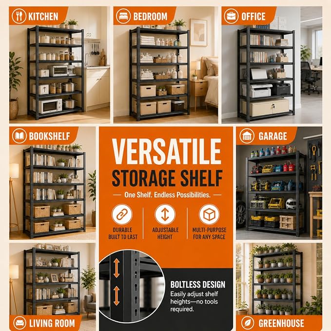 4-Tier Metal Bookshelf, 45.5" W Industrial Tall Display Bookcase, 1200LBS Modern Black Book Shelf, Adjustable Bolt-Free Storage Shelves for Living Room, Bedroom, Kitchen, 63" H