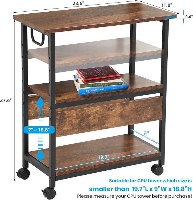 TooCust Computer Tower Stand, Computer & Machine Carts, Computers Towers Floor Stand, PC Towers Shelf, 3-Tier PC Tower Floor Stand with Side Shelf, Mobile Rolling CPU Holder Cart for Home Office
