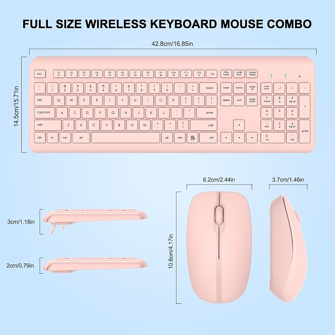 Wireless Keyboard and Mouse Combo, Full-Size Silent Ergonomic Keyboard and Optical Mouse, Long Battery Life, 2.4G Lag-Free Mice Keyboard for Computer, Mac, Laptop, PC, Windows(Pink)