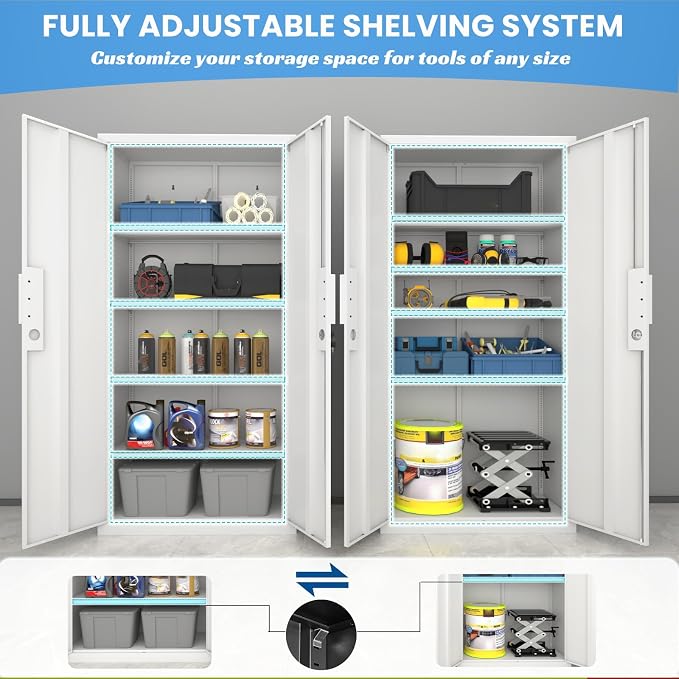 Tall Steel Garage Storage Cabinet with Lock, 71" H Heavy Duty Metal Storage Locker with 4 Adjustable Shelves for Home, Office, White