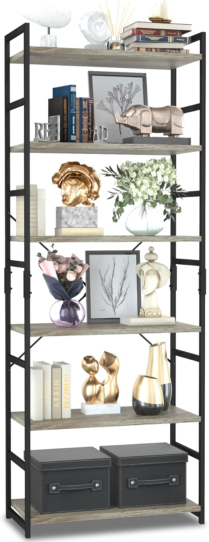 NUMENN 6 Tier Bookshelf, Tall Bookcase Shelf Storage Organizer, Modern Book Shelf for Bedroom, Living Room and Home Office, Grey
