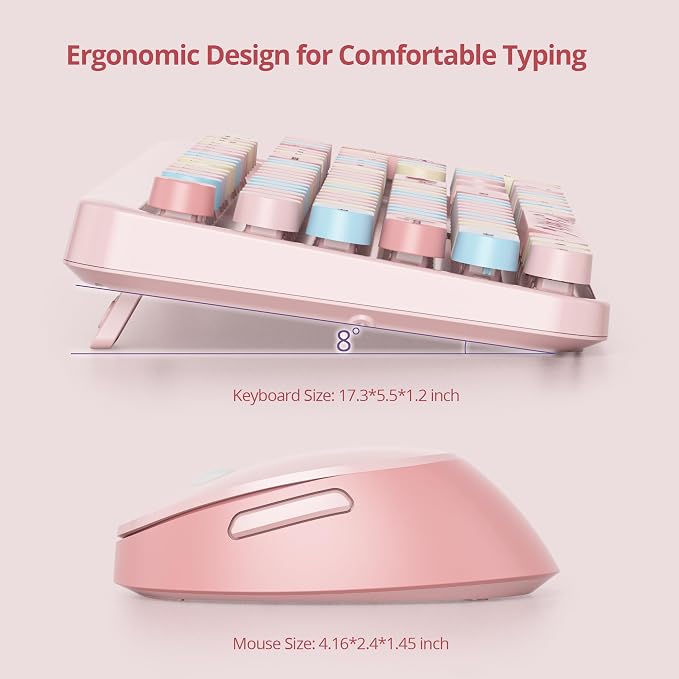 GTSP Typewriter Pink Keyboard and Mouse Wireless, Full-Size Colorful Cute Office Keyboard 2.4GHz with Number Pad for Desktop Laptop and PC (Colorful Pink)