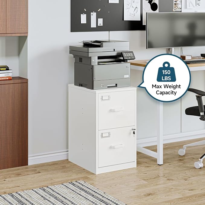 MIIIKO 2 Drawer Filing Cabinet with Lock, Metal Vertical File Cabinets for Home Office, Lockable File Storage Cabinets Under Desk, Letter/A4 File Folders Storage（White-Assembly Required