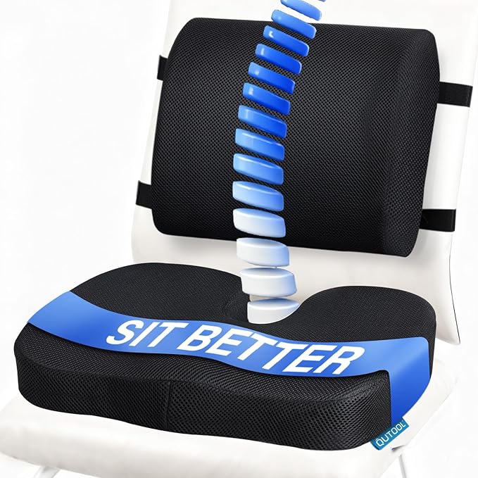 Seat Cushion & Lumbar Support Pillow for Office Chair, Car, Wheelchair Memory Foam Desk Chair Cushion for Sciatica, Lower Back & Tailbone Pain Relief Desk Pad with Adjustable Strap 3D Washable Cover